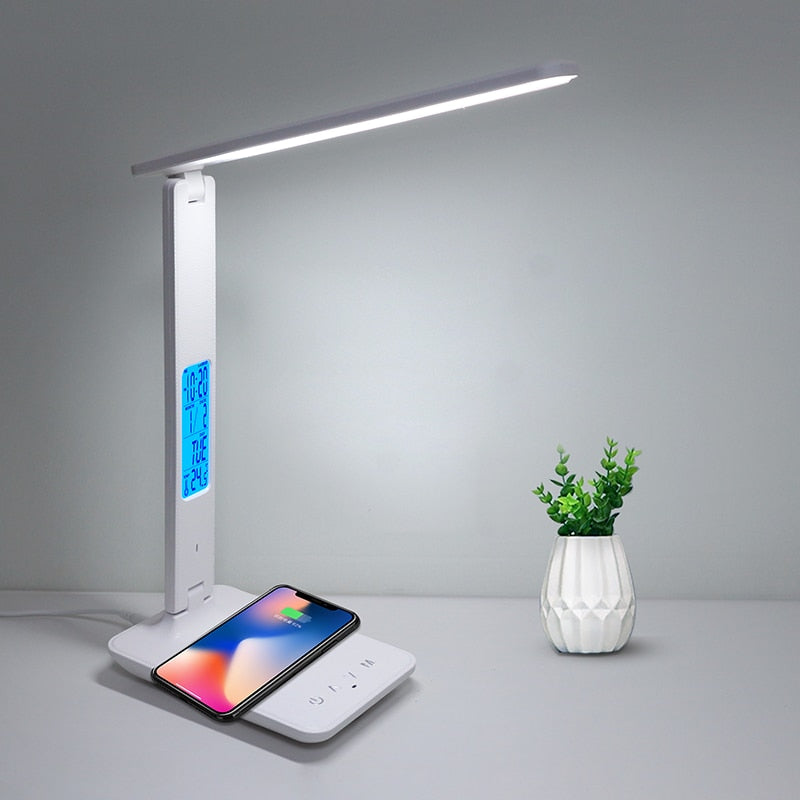 10W QI Wireless Charging LED Desk Lamp With Calendar Temperature Alarm Clock Eye Protect Study Business Light Table Lamp