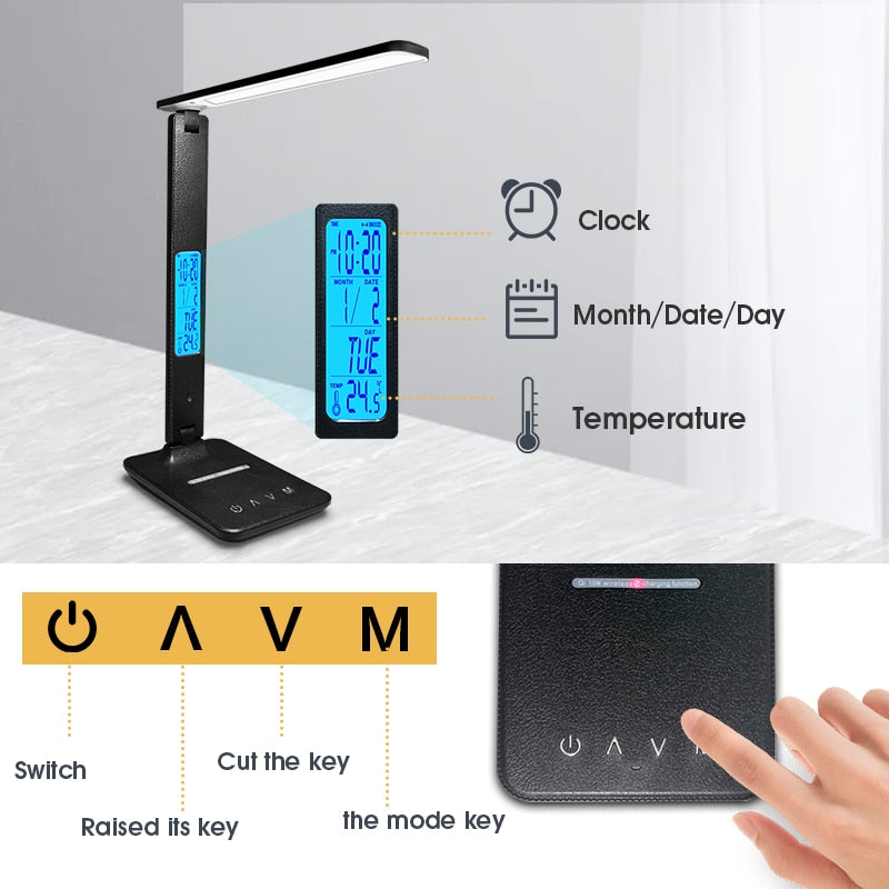 10W QI Wireless Charging LED Desk Lamp With Calendar Temperature Alarm Clock Eye Protect Study Business Light Table Lamp