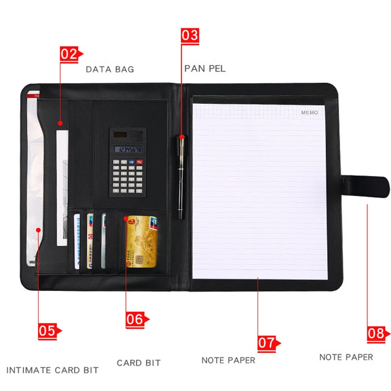 A4 Business Padfolio File Folder for Document Holder Clipboard Folder Caculator PU Leather Organizer Meeting Writing Pad Office